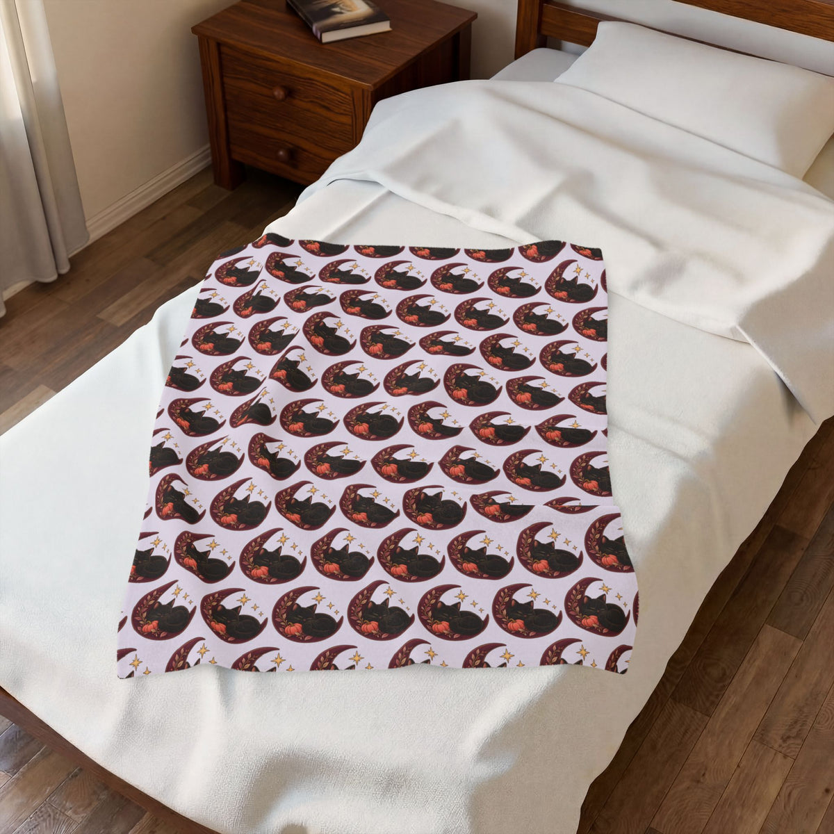 Moonlit Cat Velveteen Plush Blanket | Spooky Cozy Throw