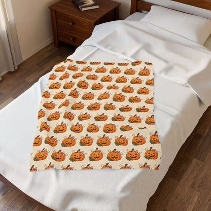 Bow Pumpkin Velveteen Plush Blanket | Pink Fall Throw