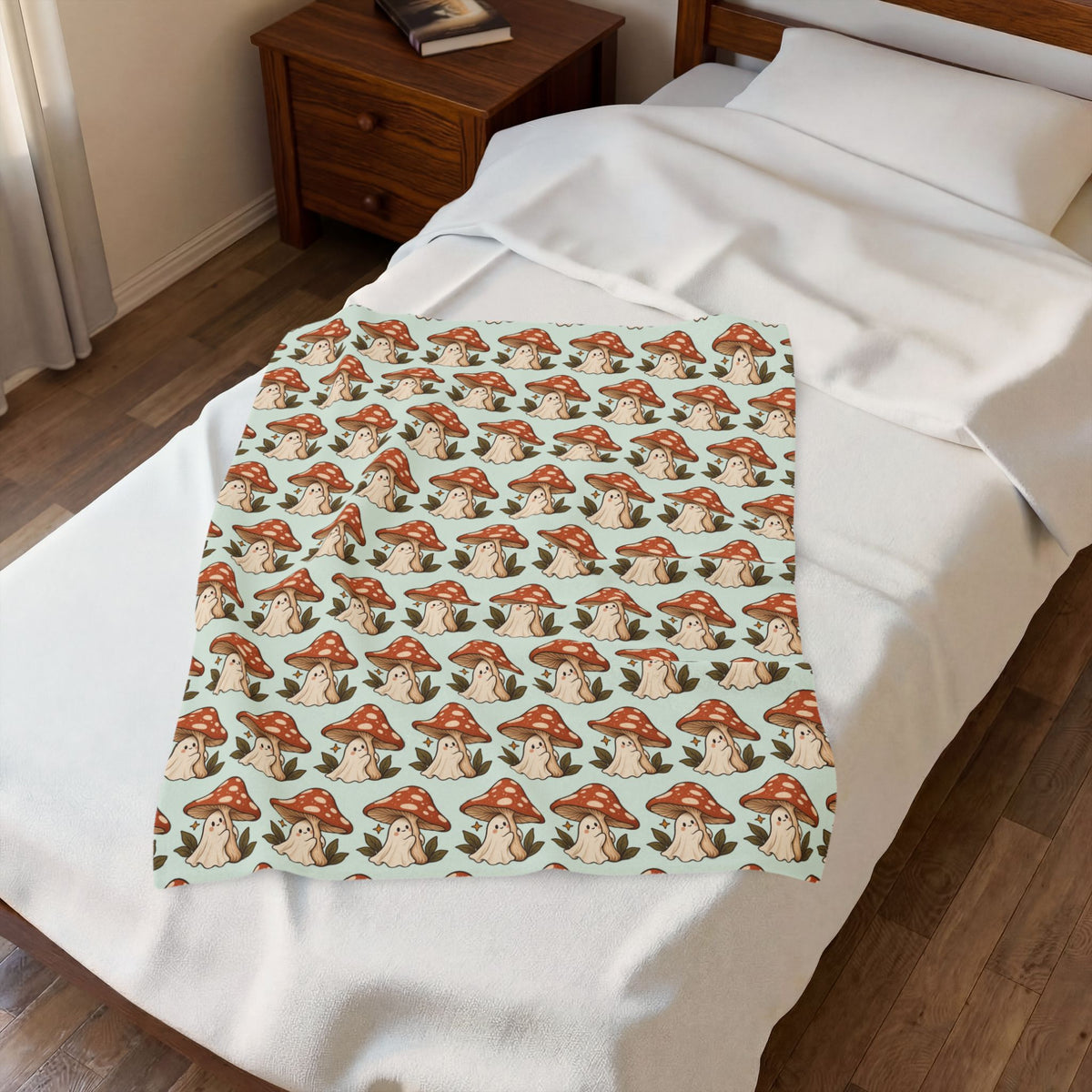 Woodland Ghost Velveteen Plush Blanket | Mushroom Throw