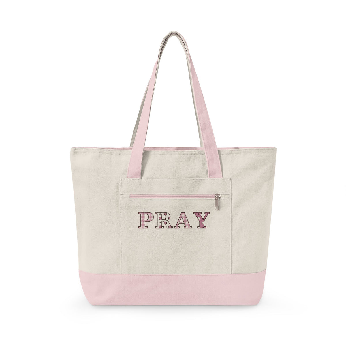 Pray Patchwork Zippered Canvas Tote — EVELE Edit | Q-Tees Q1300