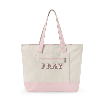 Pray Patchwork Zippered Canvas Tote — EVELE Edit | Q-Tees Q1300