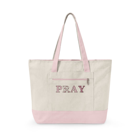 Pray Patchwork Zippered Canvas Tote — EVELE Edit | Q-Tees Q1300