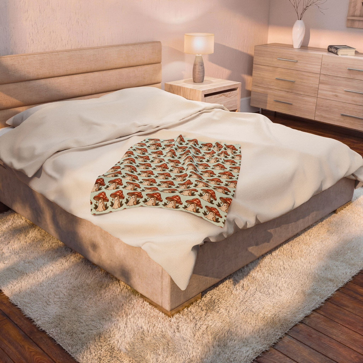 Woodland Ghost Velveteen Plush Blanket | Mushroom Throw