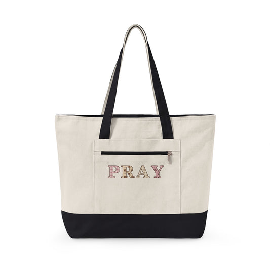 Pray Patchwork Zippered Canvas Tote — Classic | Q-Tees Q1300