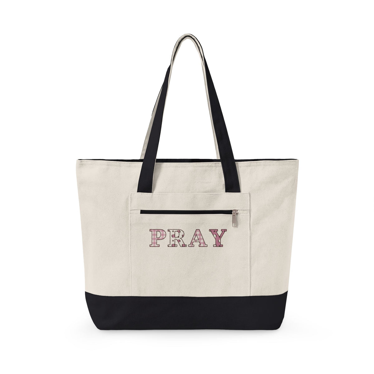 Pray Patchwork Zippered Canvas Tote — EVELE Edit | Q-Tees Q1300