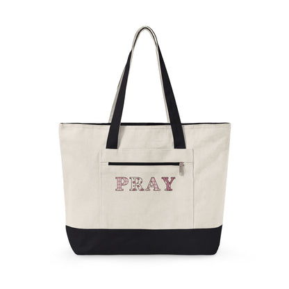 Pray Patchwork Zippered Canvas Tote — EVELE Edit | Q-Tees Q1300
